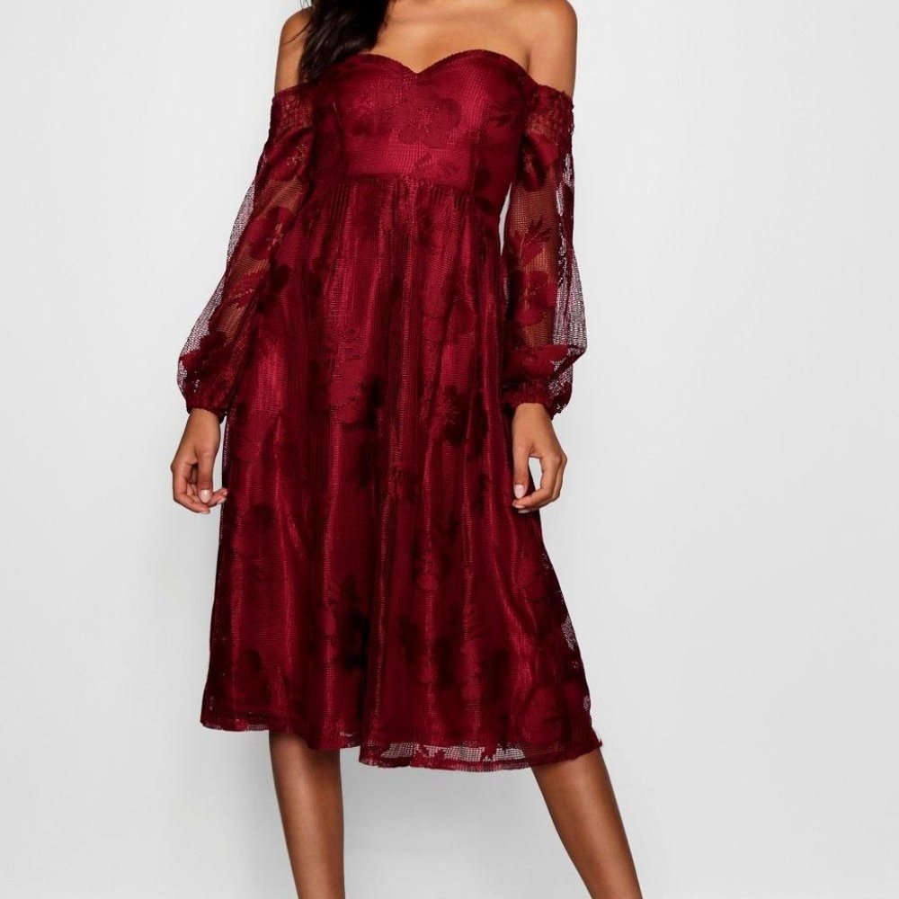 Boutique Lace Off The Shoulder Midi Bridesmaid Dress